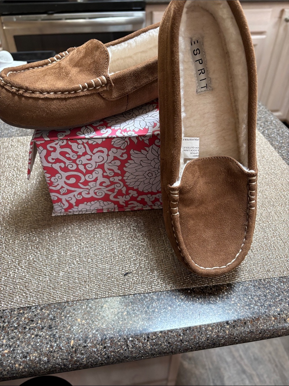 Esprit Tan Suede Moccasin Slippers with Plush Lining